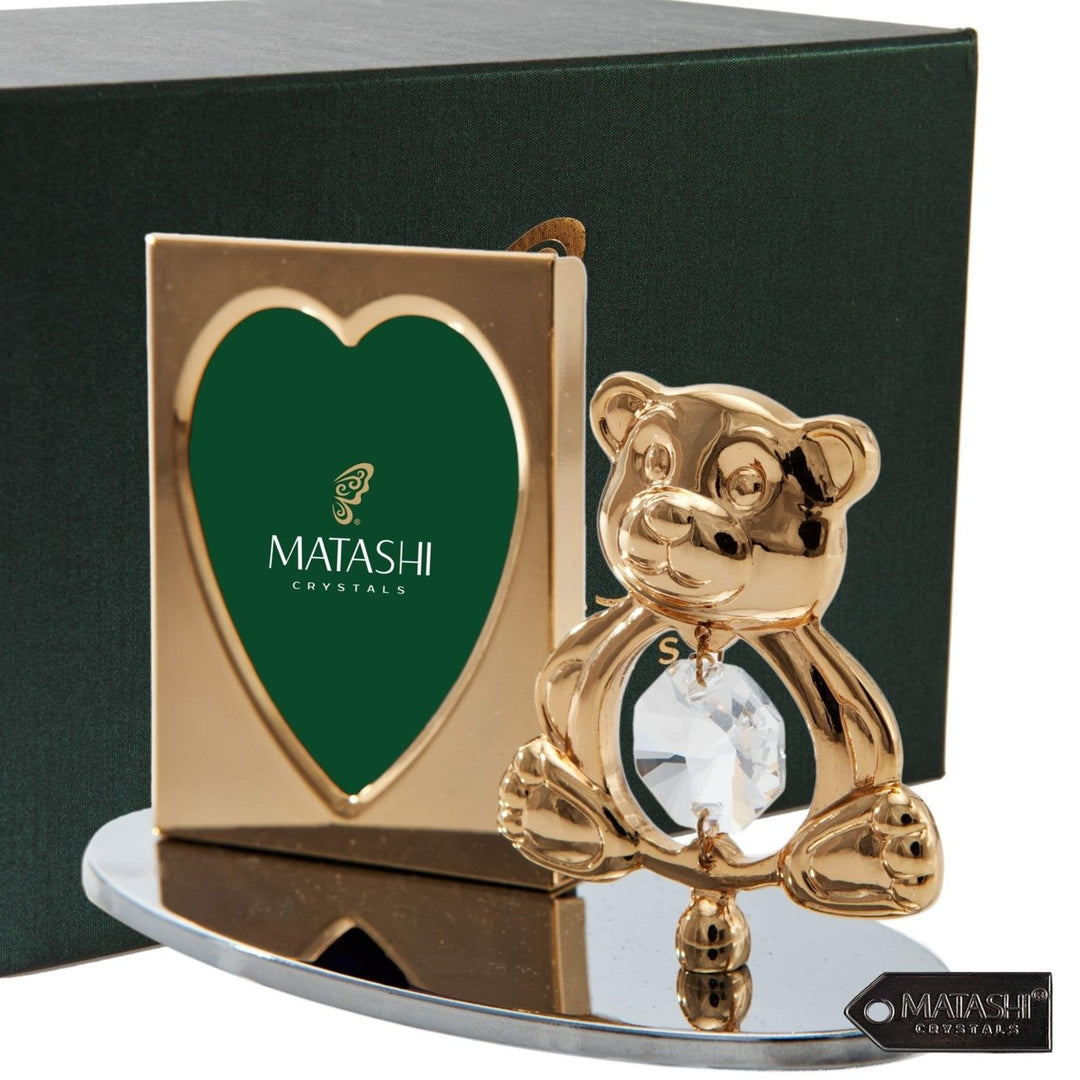 Matashi 24k Gold Plated Picture Frame Desk Set with Crystal Decorated Teddy Bear Figurine on a Silver Base Gift for Image 2