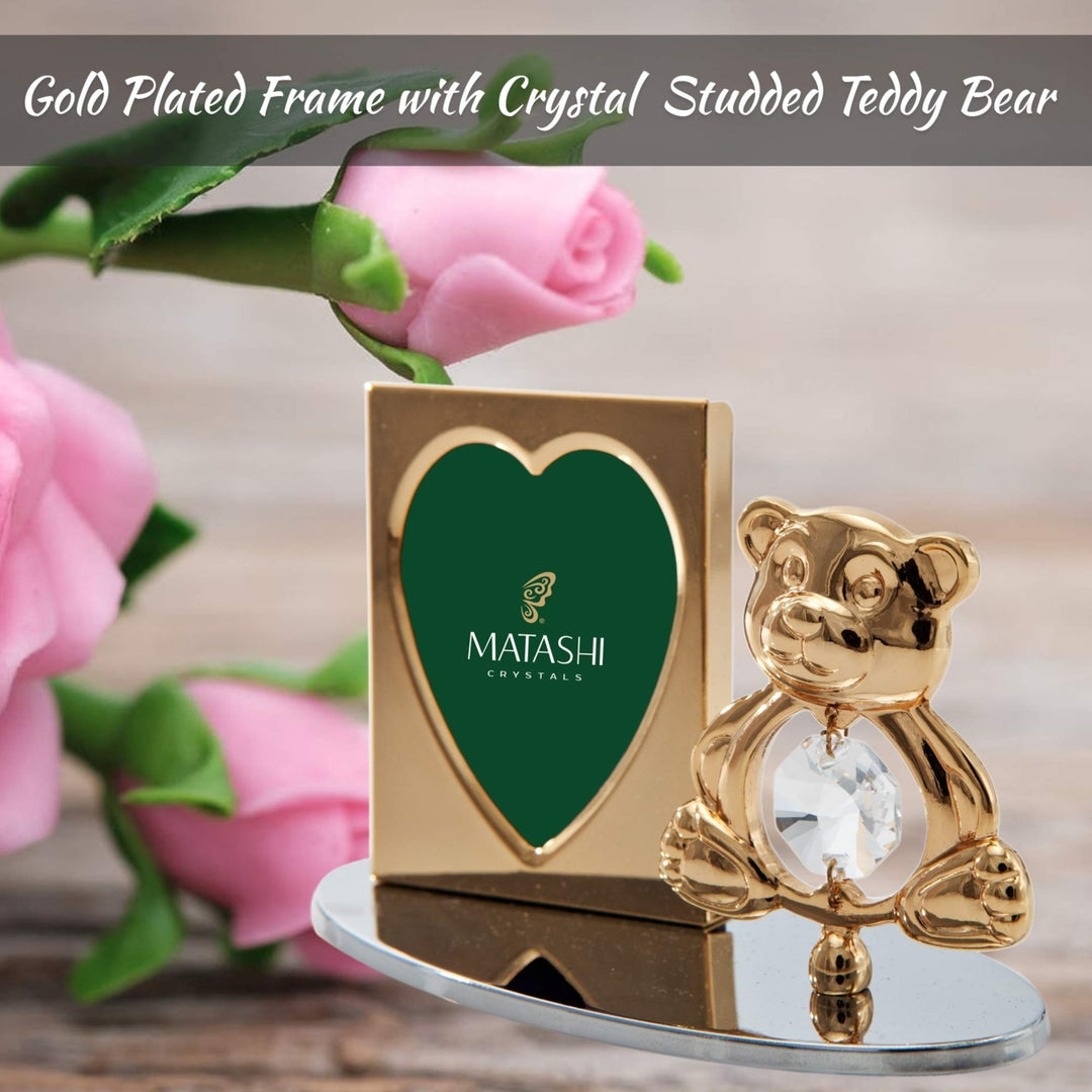 Matashi 24k Gold Plated Picture Frame Desk Set with Crystal Decorated Teddy Bear Figurine on a Silver Base Gift for Image 6