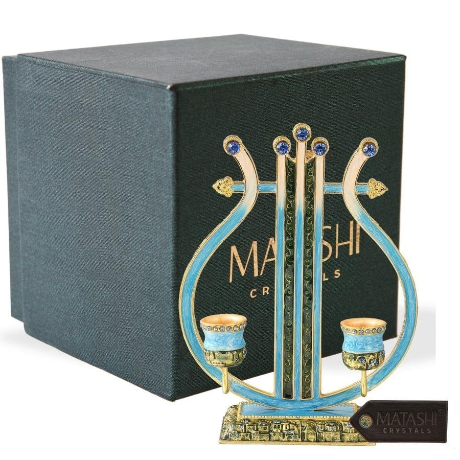 Matashi Oil Candle Holders Displays 2 Candles, Intricate Details with Crystals Vintage Harp, Modern , Jewish Holiday Image 1