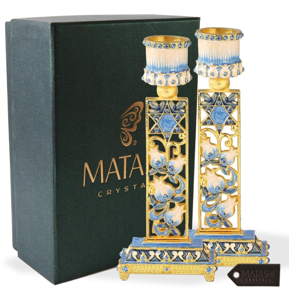 Matashi Shabbat Candlestick Holder (2-Piece Set) Hand-Painted, Gold-Plated Pewter Adorned w/ Star of David Jewish Image 1