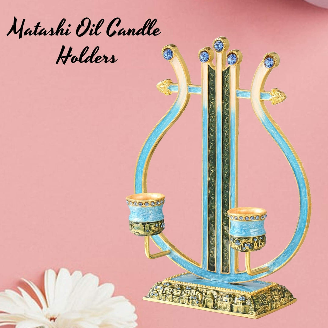 Matashi Oil Candle Holders Displays 2 Candles, Intricate Details with Crystals Vintage Harp, Modern , Jewish Holiday Image 6