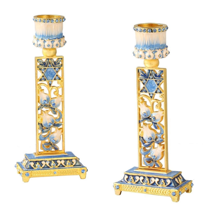 Matashi Shabbat Candlestick Holder (2-Piece Set) Hand-Painted, Gold-Plated Pewter Adorned w/ Star of David Jewish Image 3