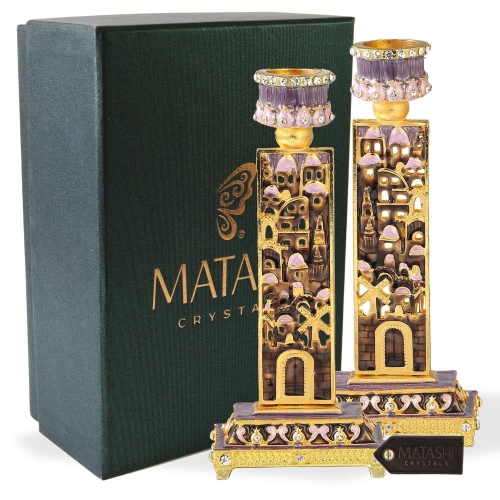 Matashi Shabbat Candlestick Holder (2-Piece Set) Hand-Painted, Gold-Plated Pewter Adorned w/ City Wall Jewish Holiday Image 1