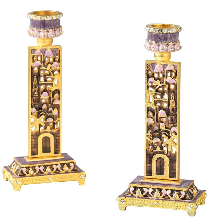 Matashi Shabbat Candlestick Holder (2-Piece Set) Hand-Painted, Gold-Plated Pewter Adorned w/ City Wall Jewish Holiday Image 3