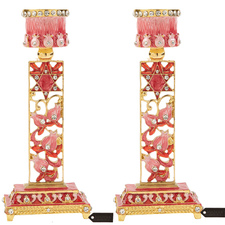 Shabbat Candlestick (2-Piece Set) Hand-Painted, Gold-Plated Pewter Personal or Religious Enjoyment (Red) by Matashi Image 1