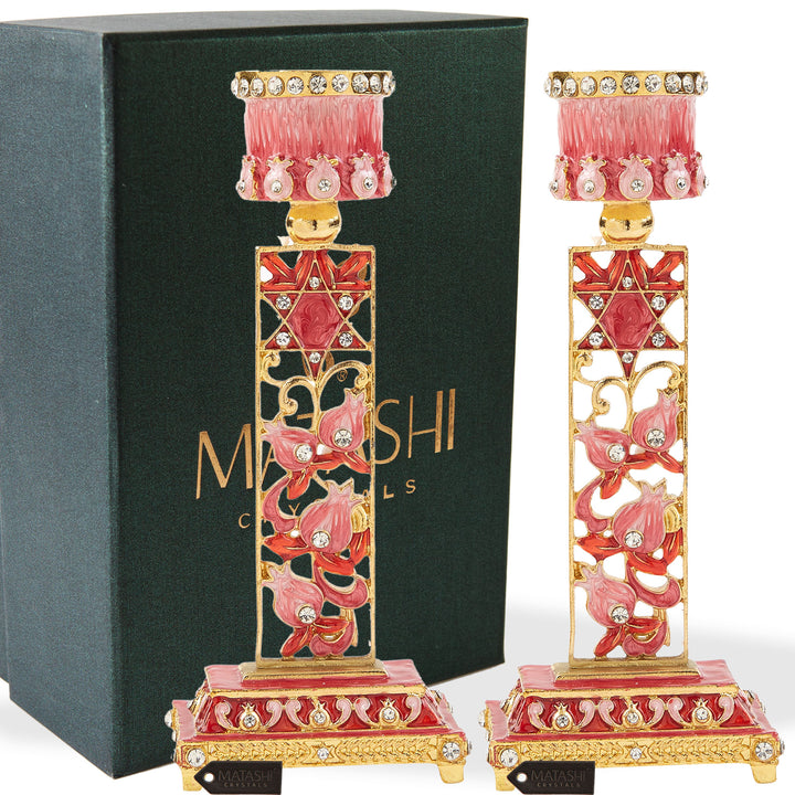 Shabbat Candlestick (2-Piece Set) Hand-Painted, Gold-Plated Pewter Personal or Religious Enjoyment (Red) by Matashi Image 2