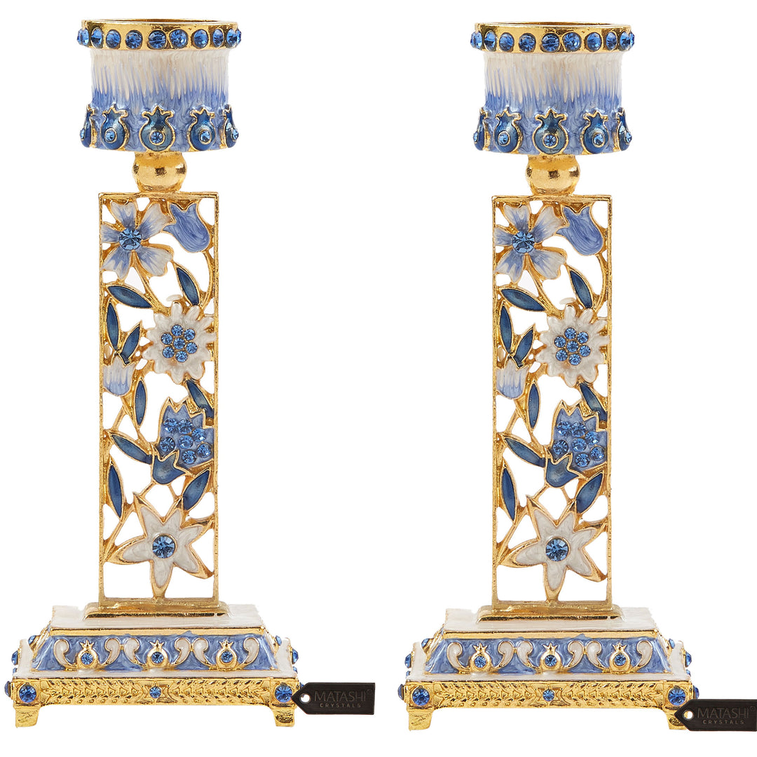 Shabbat Candlestick (2-Piece Set) Hand-Painted, Gold-Plated Pewter Adorned w/ Pomegranates and Flowers (Blue) by Matashi Image 1