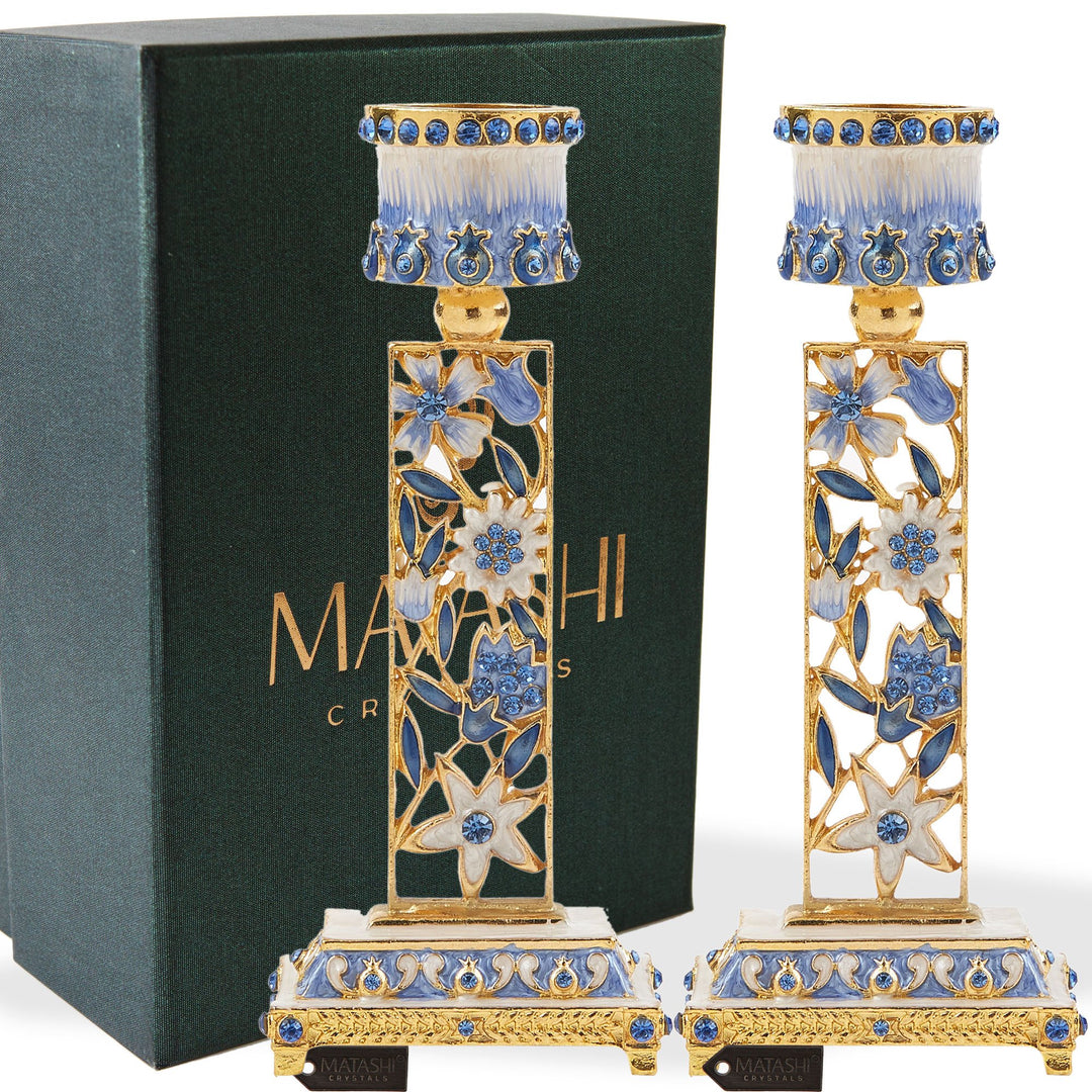 Shabbat Candlestick (2-Piece Set) Hand-Painted, Gold-Plated Pewter Adorned w/ Pomegranates and Flowers (Blue) by Matashi Image 2