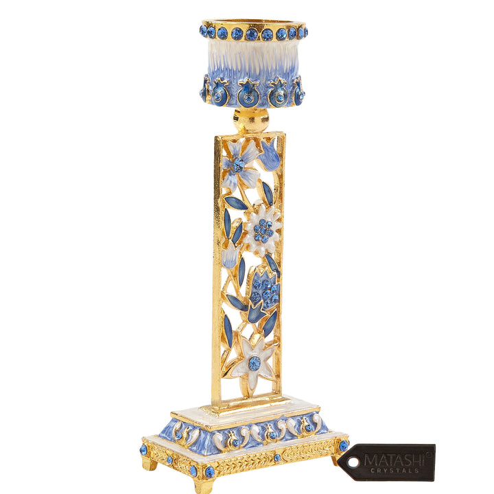 Shabbat Candlestick (2-Piece Set) Hand-Painted, Gold-Plated Pewter Adorned w/ Pomegranates and Flowers (Blue) by Matashi Image 3