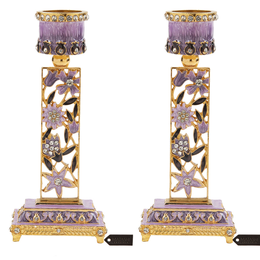 Shabbat Candlestick (2-Piece Set) Hand-Painted, Gold-Plated Pewter Adorned w/ Pomegranates and Flowers (Purple) by Image 1