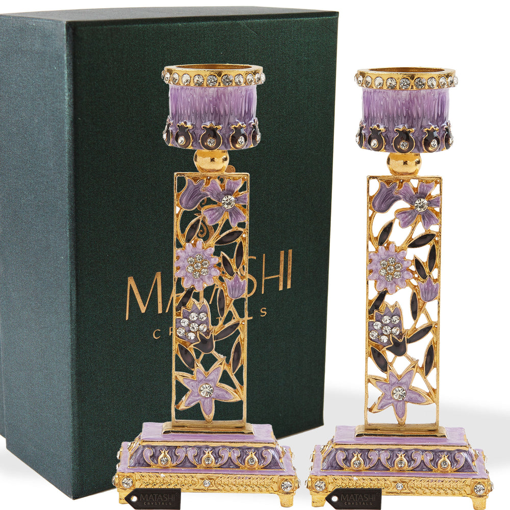 Shabbat Candlestick (2-Piece Set) Hand-Painted, Gold-Plated Pewter Adorned w/ Pomegranates and Flowers (Purple) by Image 2