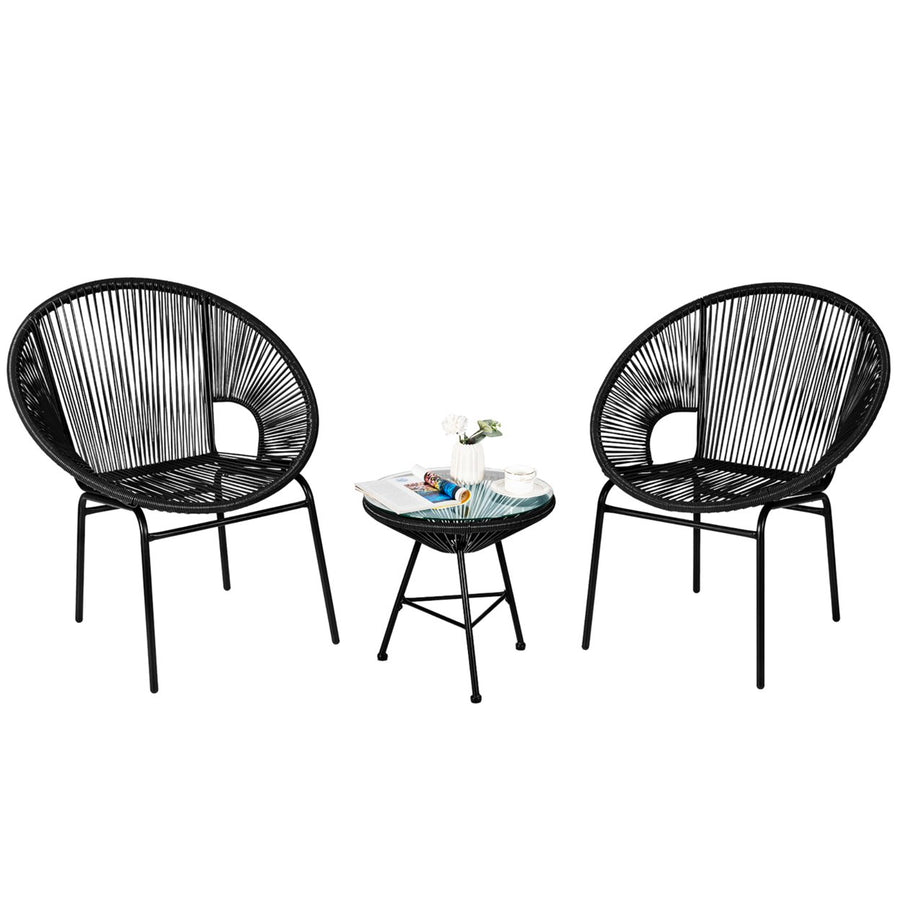 Costway 3PCS Patio Acapulco Furniture Bistro Set Plastic Rope Glass Table Black/Gray/Turquoise/White Image 1