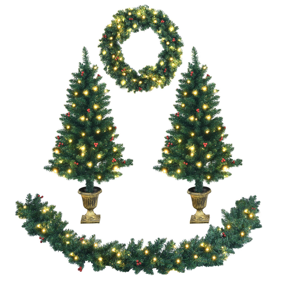 4pcs Pre-lit Christmas Decoration Set w/ Garland Wreath and Entrance Trees Image 1