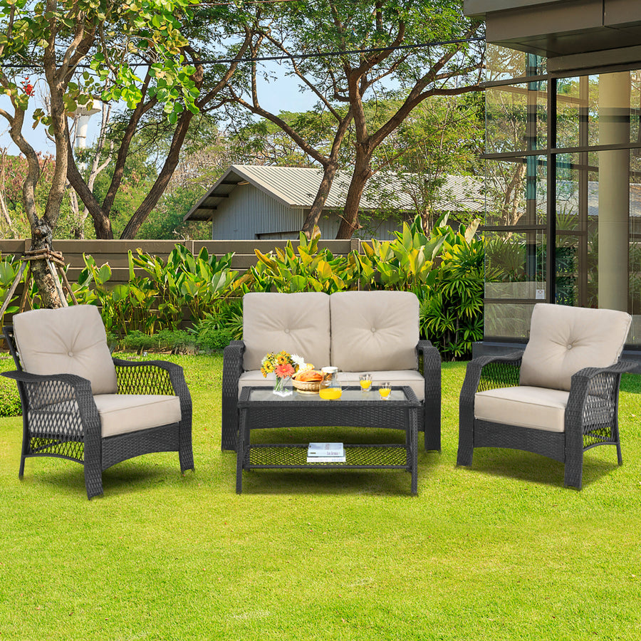 4PCS Patio Wicker Furniture Set Loveseat Sofa Coffee Table W/ Cushion Image 1