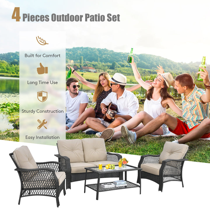 4PCS Patio Wicker Furniture Set Loveseat Sofa Coffee Table W/ Cushion Image 5