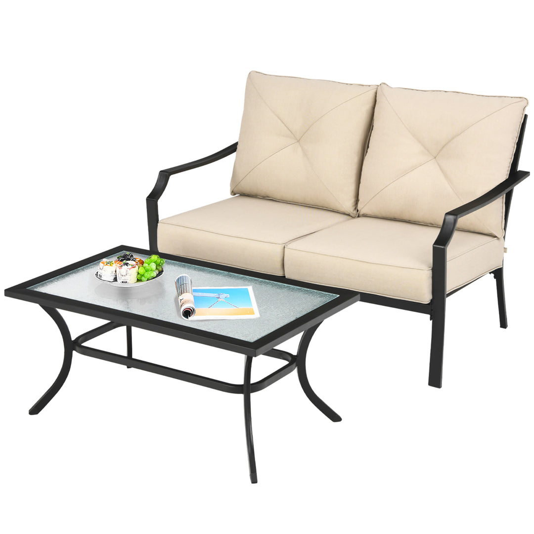 2 PCS Patio Loveseat with Coffee Table Outdoor Sofa Bench with Cushions Image 9