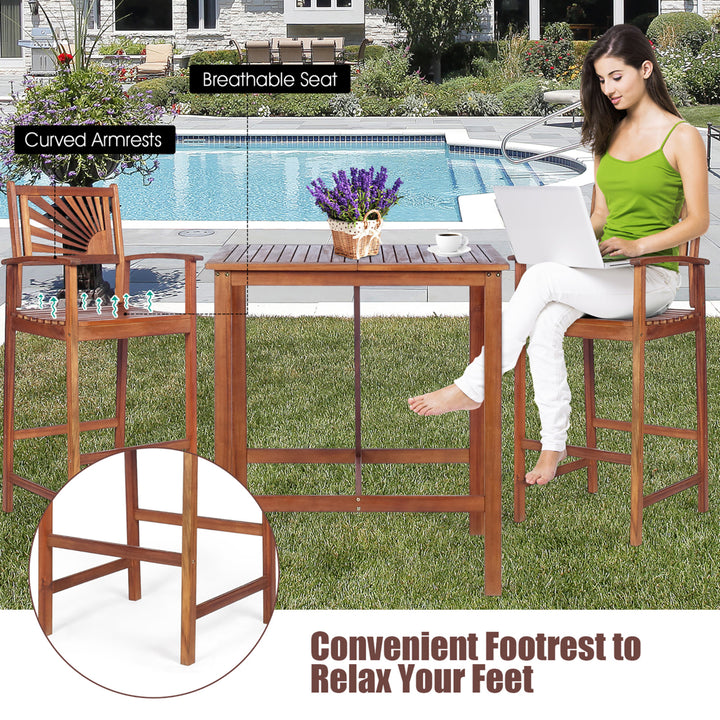 3PCS Bar Set Acacia Wood Bar Height Patio Bistro Dining Set Outdoor Image 5