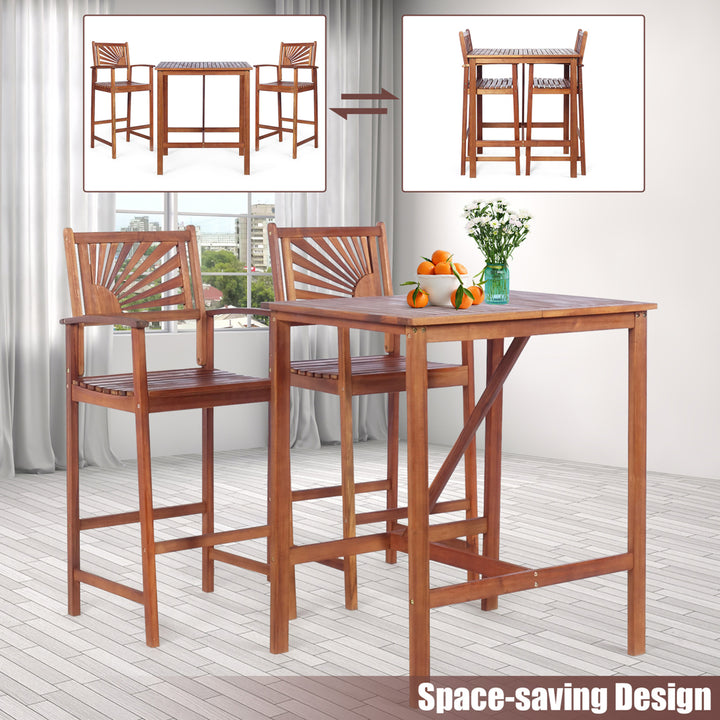 3PCS Bar Set Acacia Wood Bar Height Patio Bistro Dining Set Outdoor Image 6