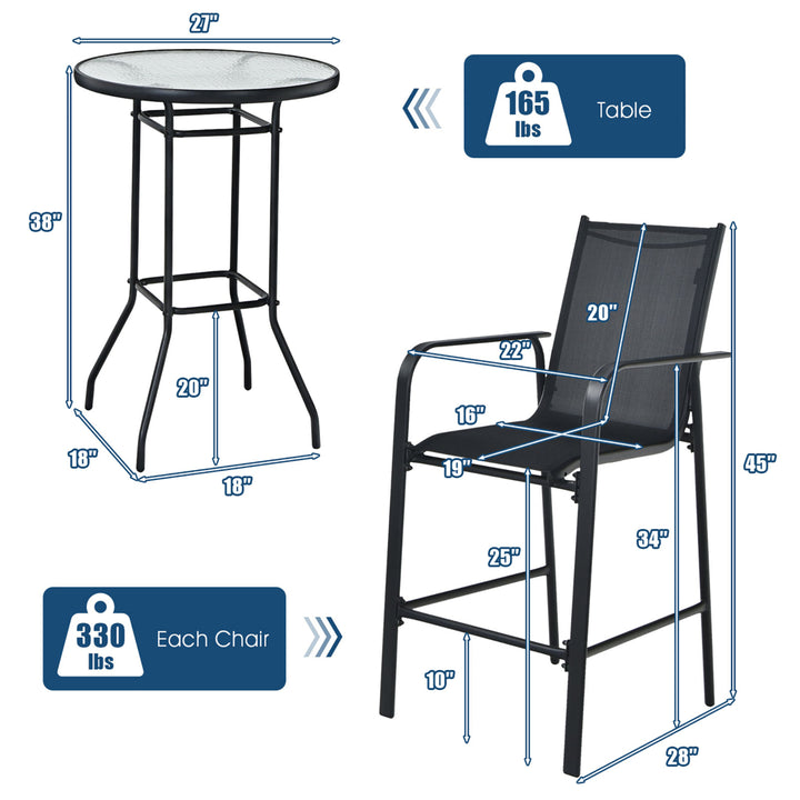 3 PCS Outdoor Patio Bar Table Stool Set Height Tempered Glass Top Image 6