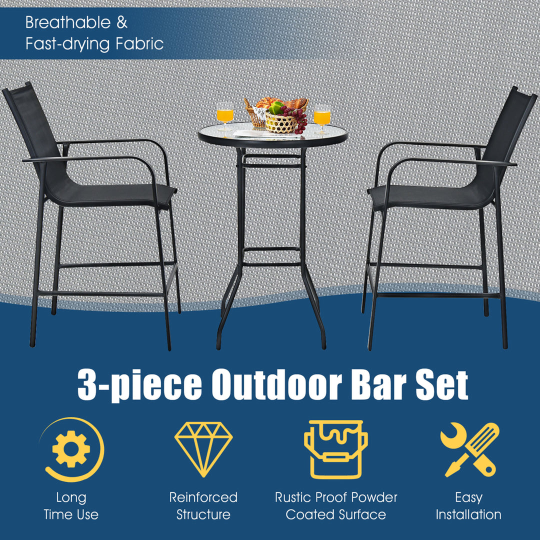 3 PCS Outdoor Patio Bar Table Stool Set Height Tempered Glass Top Image 7