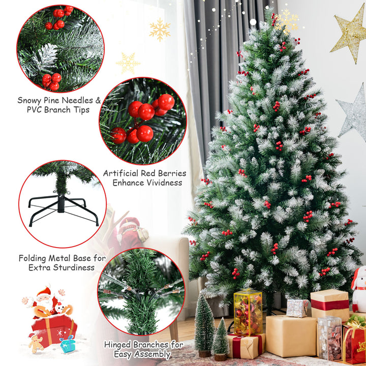 7ft Unlit Hinged Artificial Christmas Tree w/ Snow Flocked Tips and Red Berries Image 8