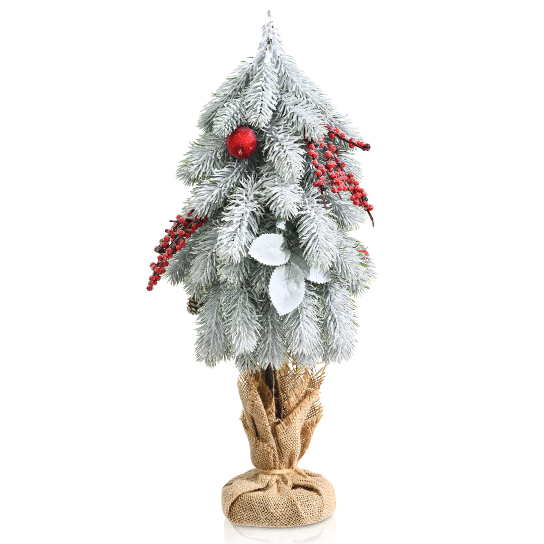 19Snow Flocked Tabletop Christmas Pine Tree w/Pine Cones and Red Berries Image 1