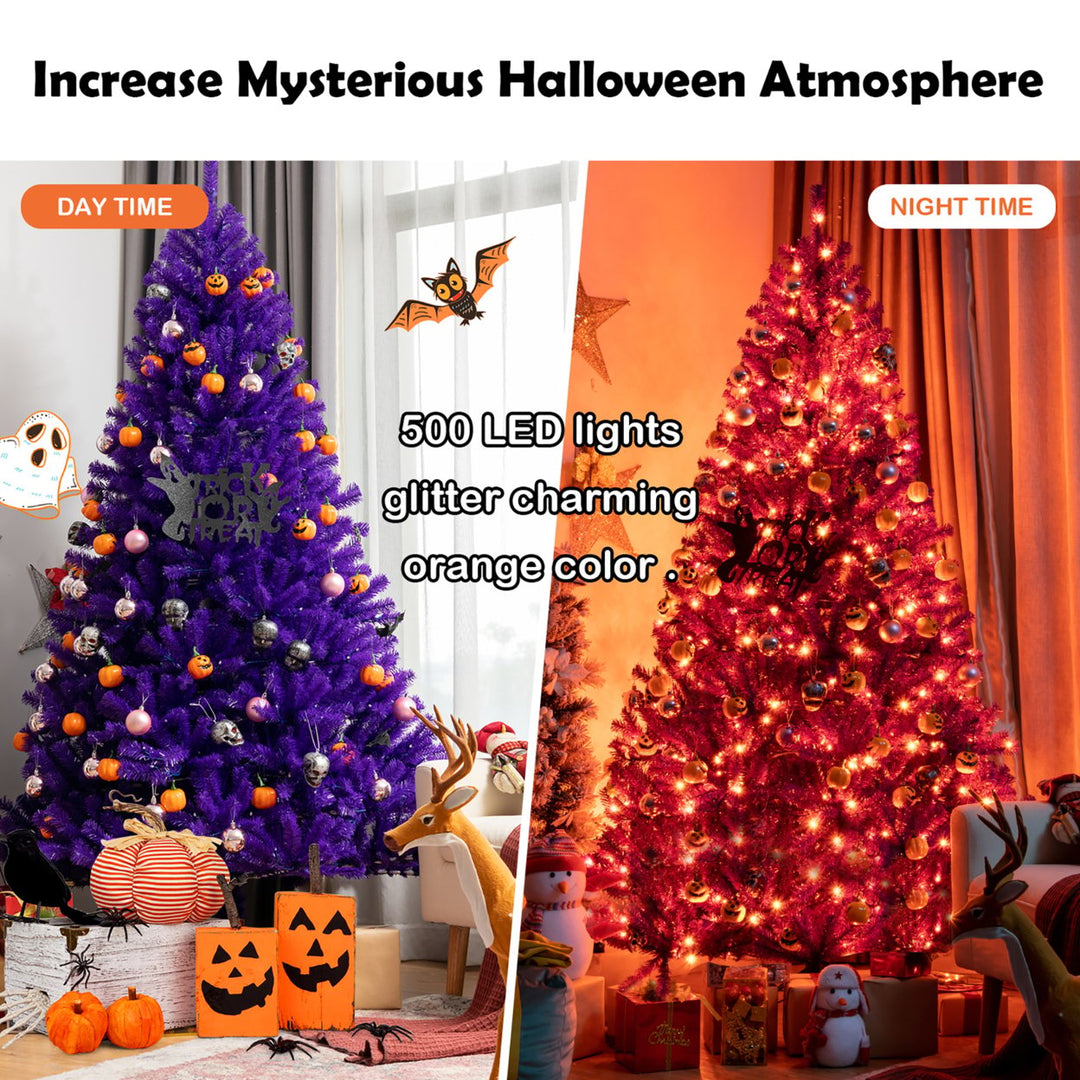 7ft Pre-lit Purple Halloween Christmas Tree w/ Orange Lights Pumpkin Decorations Image 6