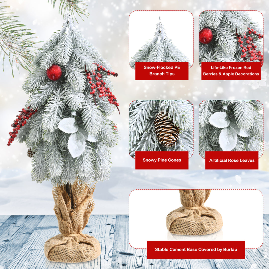 19Snow Flocked Tabletop Christmas Pine Tree w/Pine Cones and Red Berries Image 9