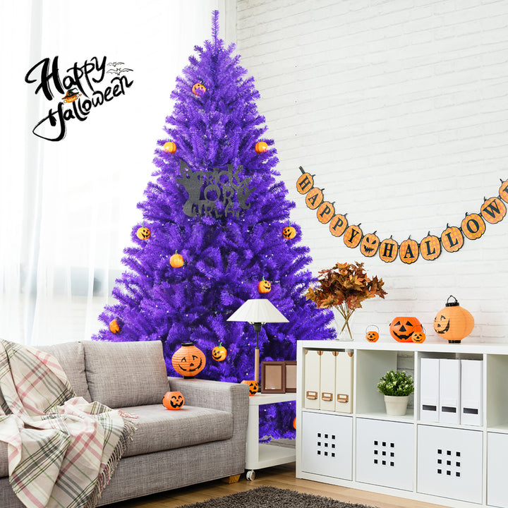 7ft Pre-lit Purple Halloween Christmas Tree w/ Orange Lights Pumpkin Decorations Image 10