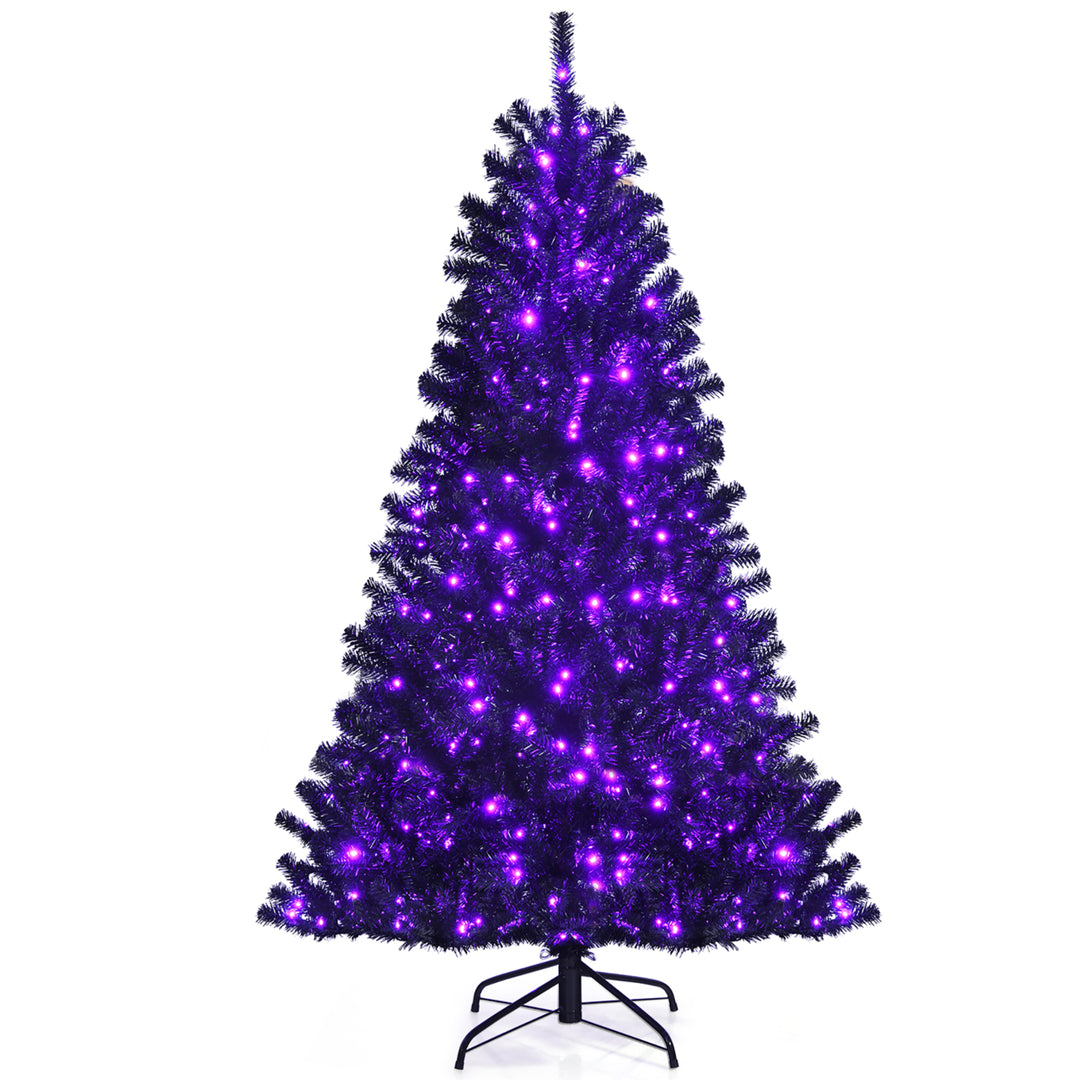 6ft Pre-lit PVC Christmas Halloween Tree Black w/ 250 Purple LED Lights Image 1