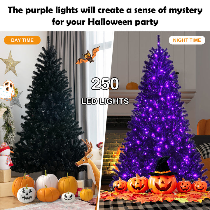 6ft Pre-lit PVC Christmas Halloween Tree Black w/ 250 Purple LED Lights Image 6