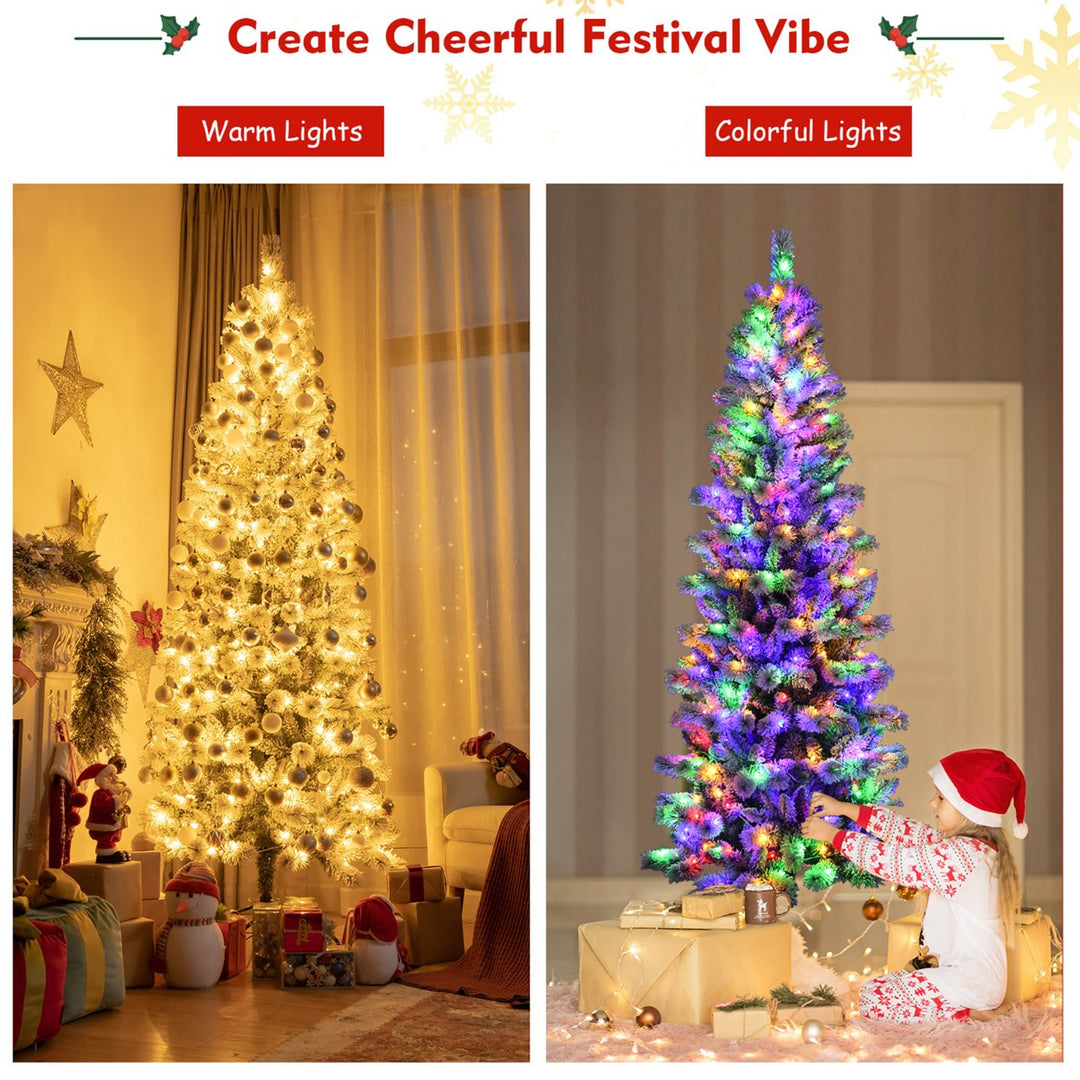 7.5FT Pre-Lit Hinged Christmas Tree Snow Flocked w/9 Modes Remote Control Lights Image 9