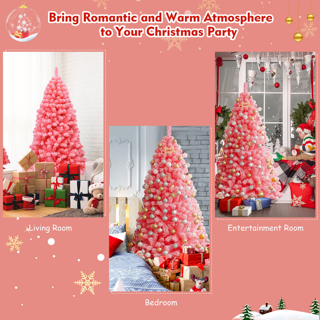 6.5ft Snow Flocked Hinged Artificial Christmas Tree w/ Metal Stand Pink Image 7