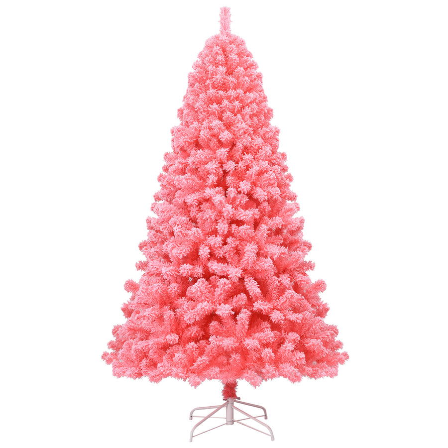 7.5ft Snow Flocked Hinged Artificial Christmas Tree w/ Metal Stand Pink Image 1