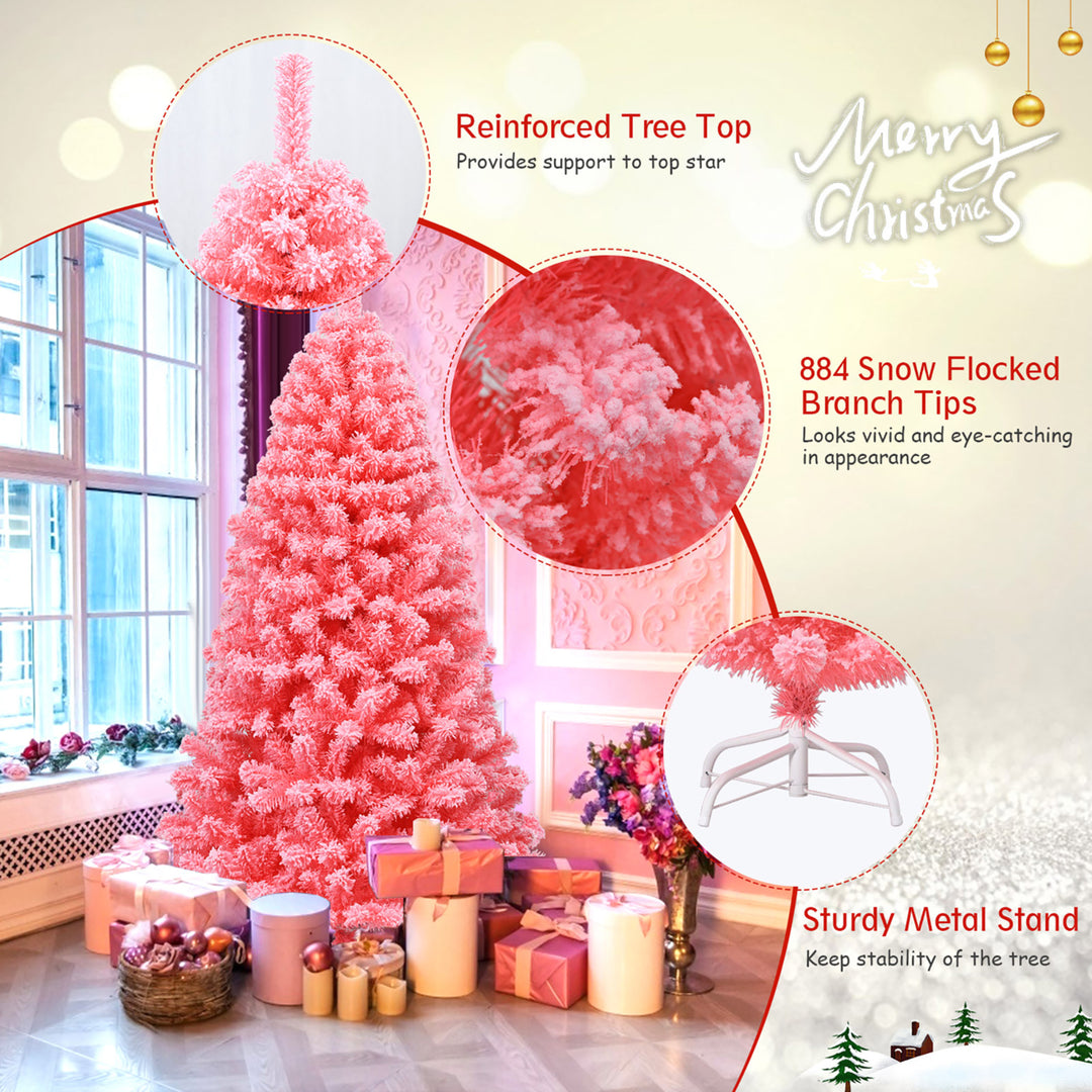 6.5ft Snow Flocked Hinged Artificial Christmas Tree w/ Metal Stand Pink Image 9