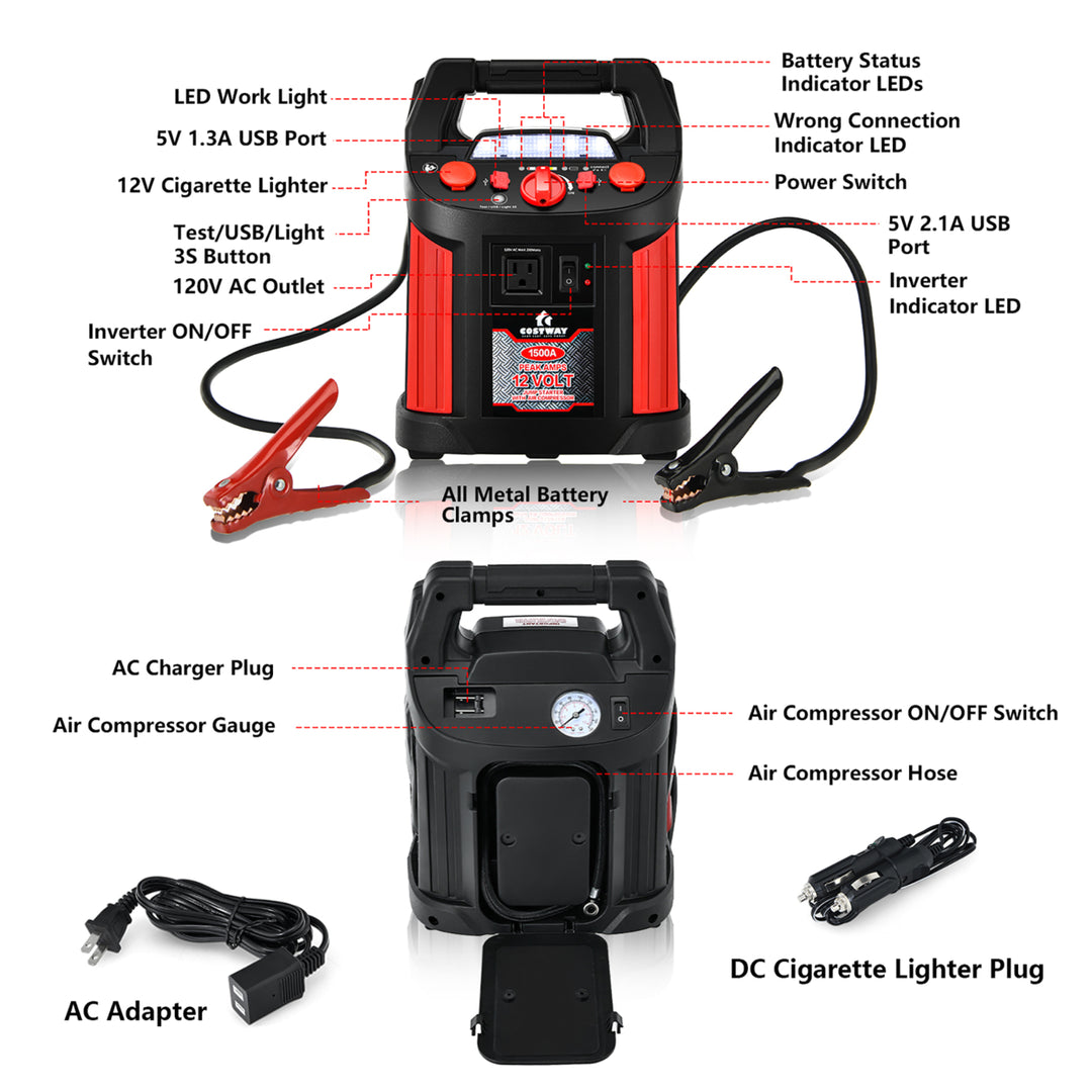 Jump Starter Air Compressor Power Bank Charger w/ LED Light and DC Outlet Image 9