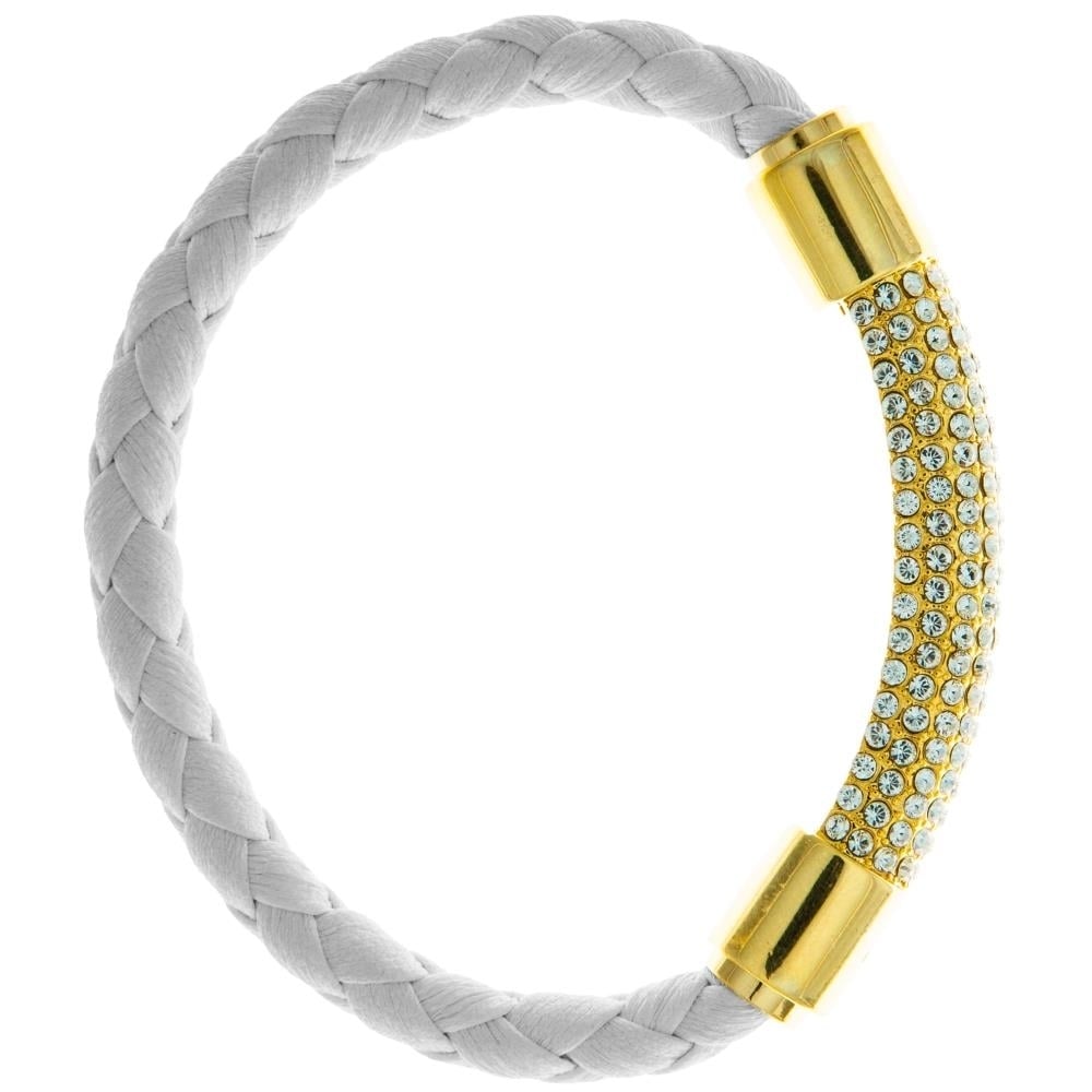 Matashi 18K Gold Plated Bracelet with a Glittering Crystals Designed Segment on a White Corded Band w/ a Magnetic Clasp Image 2