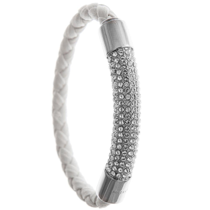 Matashi 18K White Gold Plated Bracelet w/ a Glittering Crystals Designed Segment on a White Corded Band w/ a Magnetic Image 1