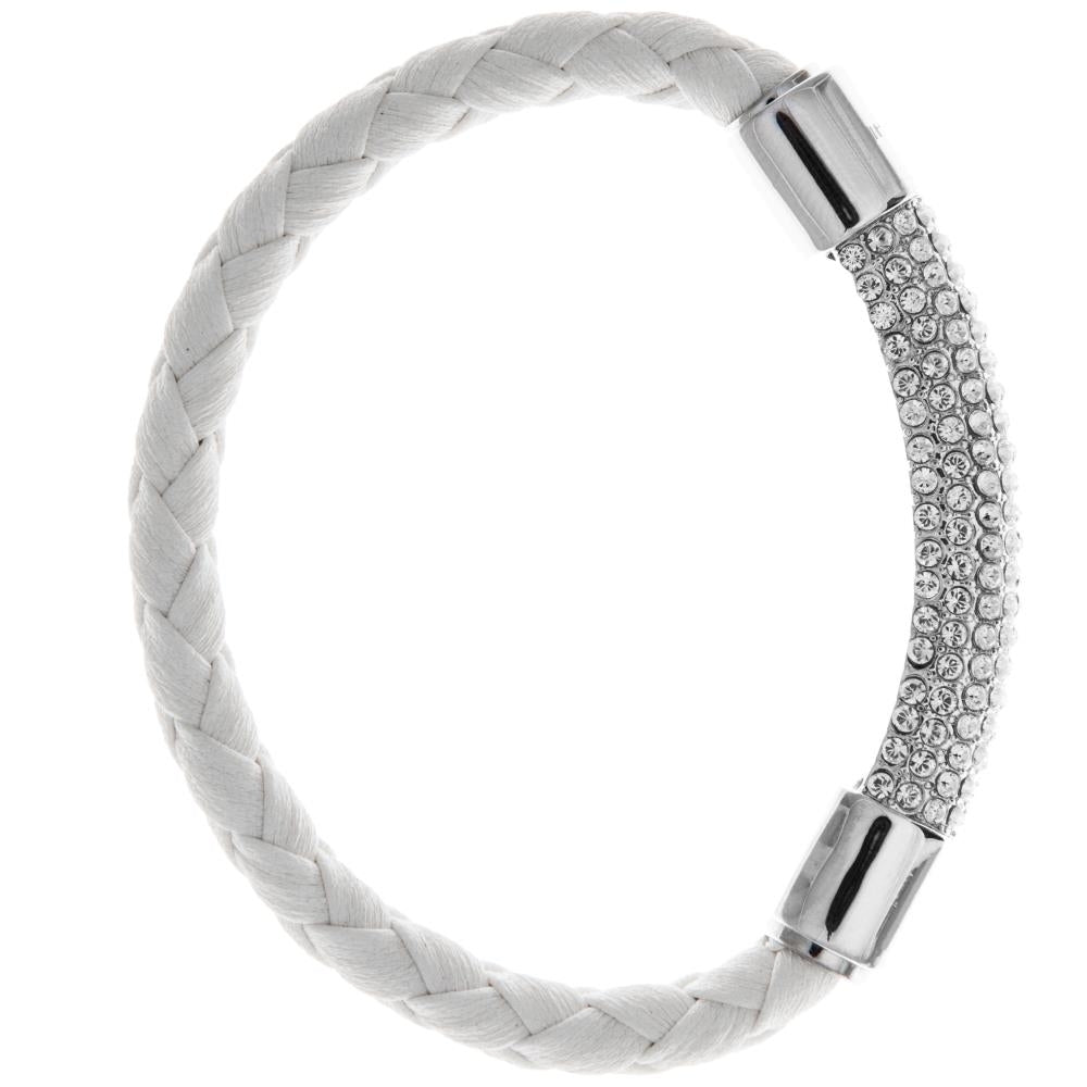 Matashi 18K White Gold Plated Bracelet w/ a Glittering Crystals Designed Segment on a White Corded Band w/ a Magnetic Image 2