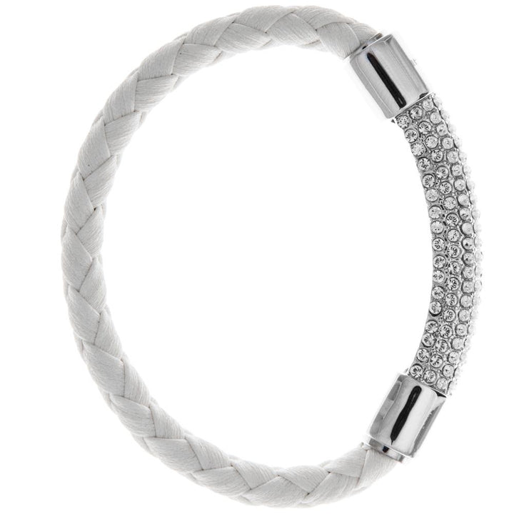 Matashi 18K White Gold Plated Bracelet w/ a Glittering Crystals Designed Segment on a White Corded Band w/ a Magnetic Image 2