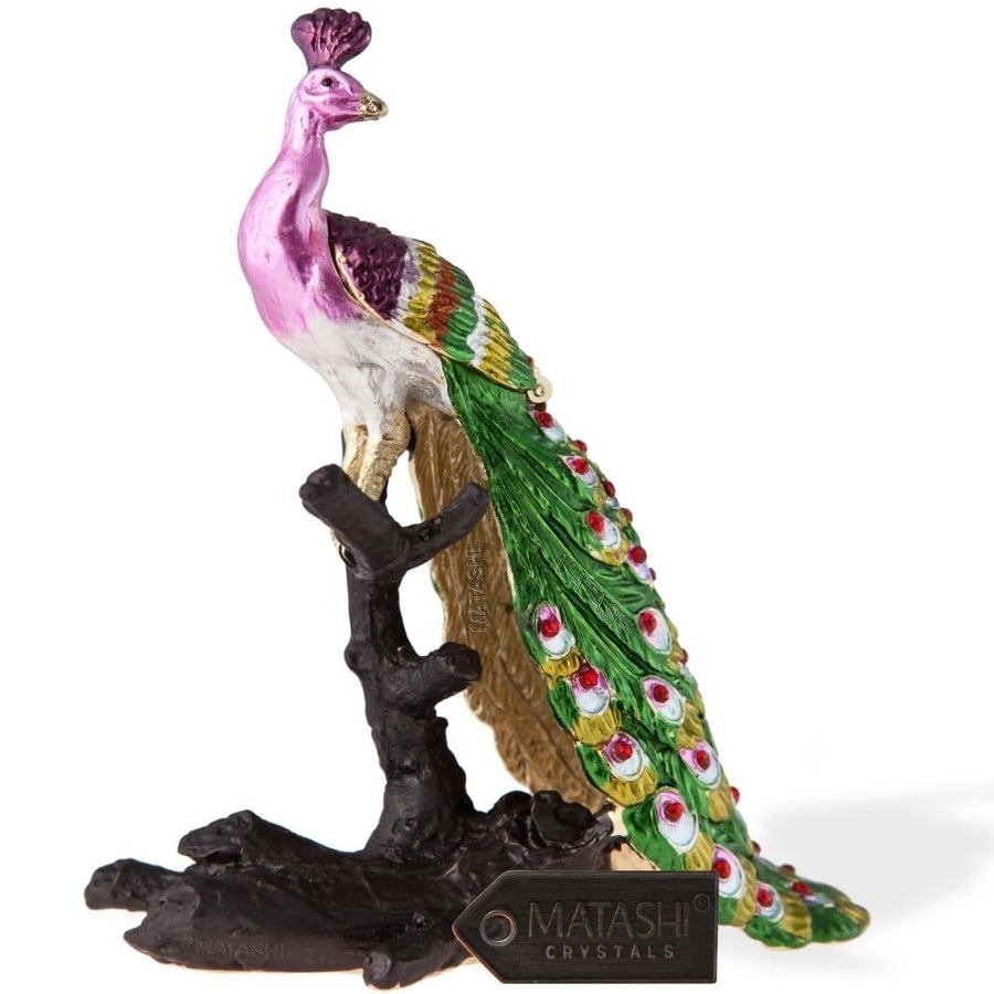 Matashi Hand Painted Regal Peacock on a Perch Ornament/Trinket Box Embellished with 24K Gold and fine Crystals Image 1