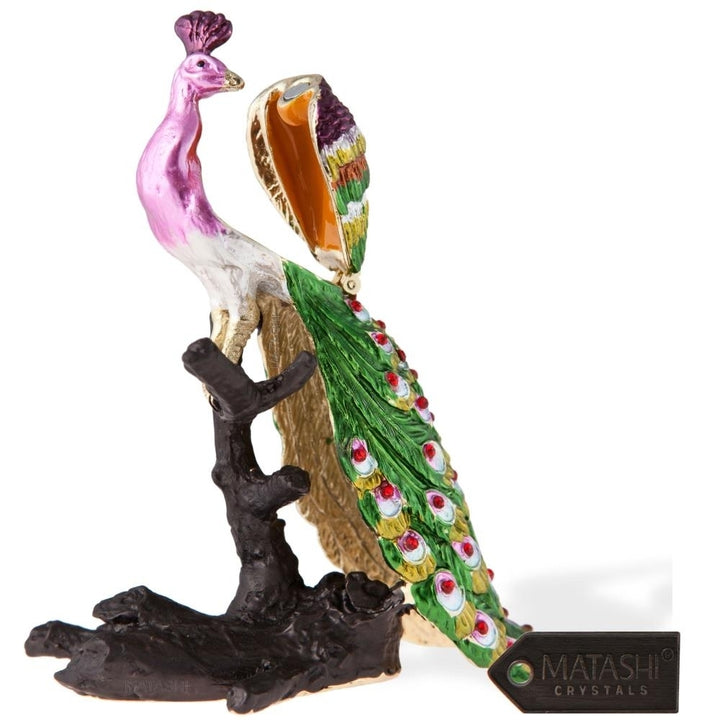 Matashi Hand Painted Regal Peacock on a Perch Ornament/Trinket Box Embellished with 24K Gold and fine Crystals Image 4