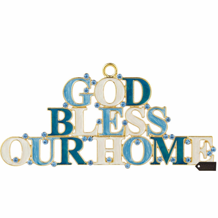 Matashi God Bless Our Home Welcome Wall Art Sign for Home, 7.5 Blue and Ivory Hanging Wall Ornament w Crystals House Image 1