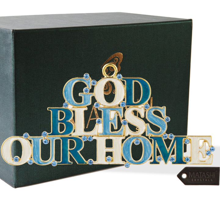 Matashi God Bless Our Home Welcome Wall Art Sign for Home, 7.5 Blue and Ivory Hanging Wall Ornament w Crystals House Image 2