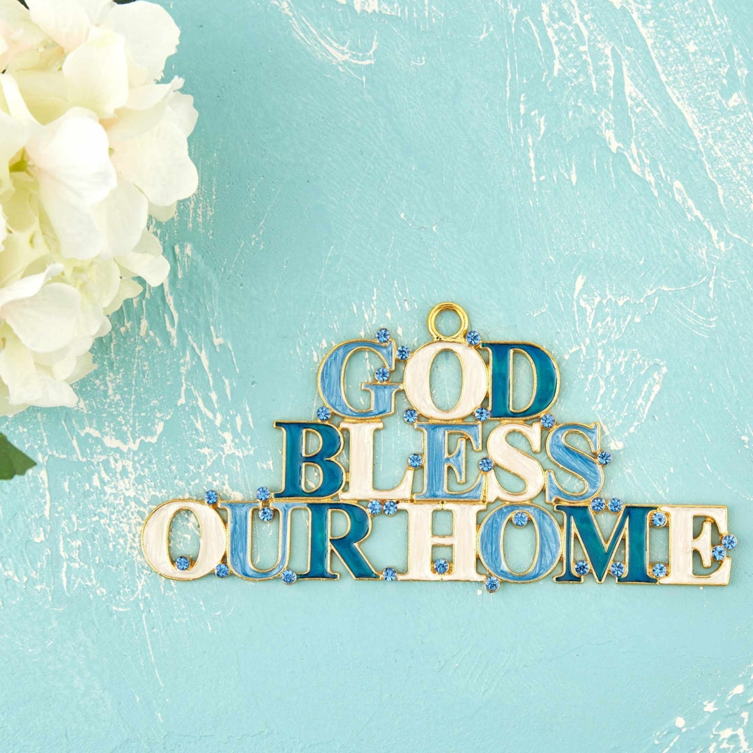 Matashi God Bless Our Home Welcome Wall Art Sign for Home, 7.5 Blue and Ivory Hanging Wall Ornament w Crystals House Image 5