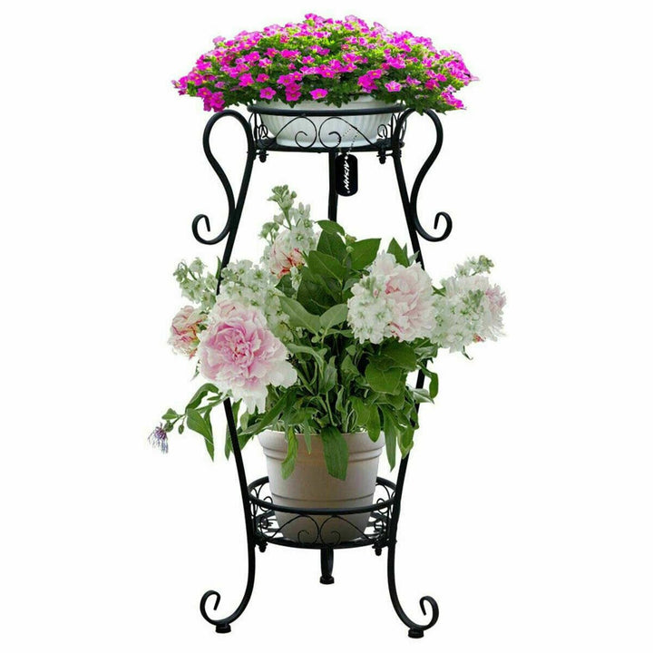 Metal Flower Pot Holder 2 TIER Plant Stand Shelves Display Indoor Outdoor Garden Image 1