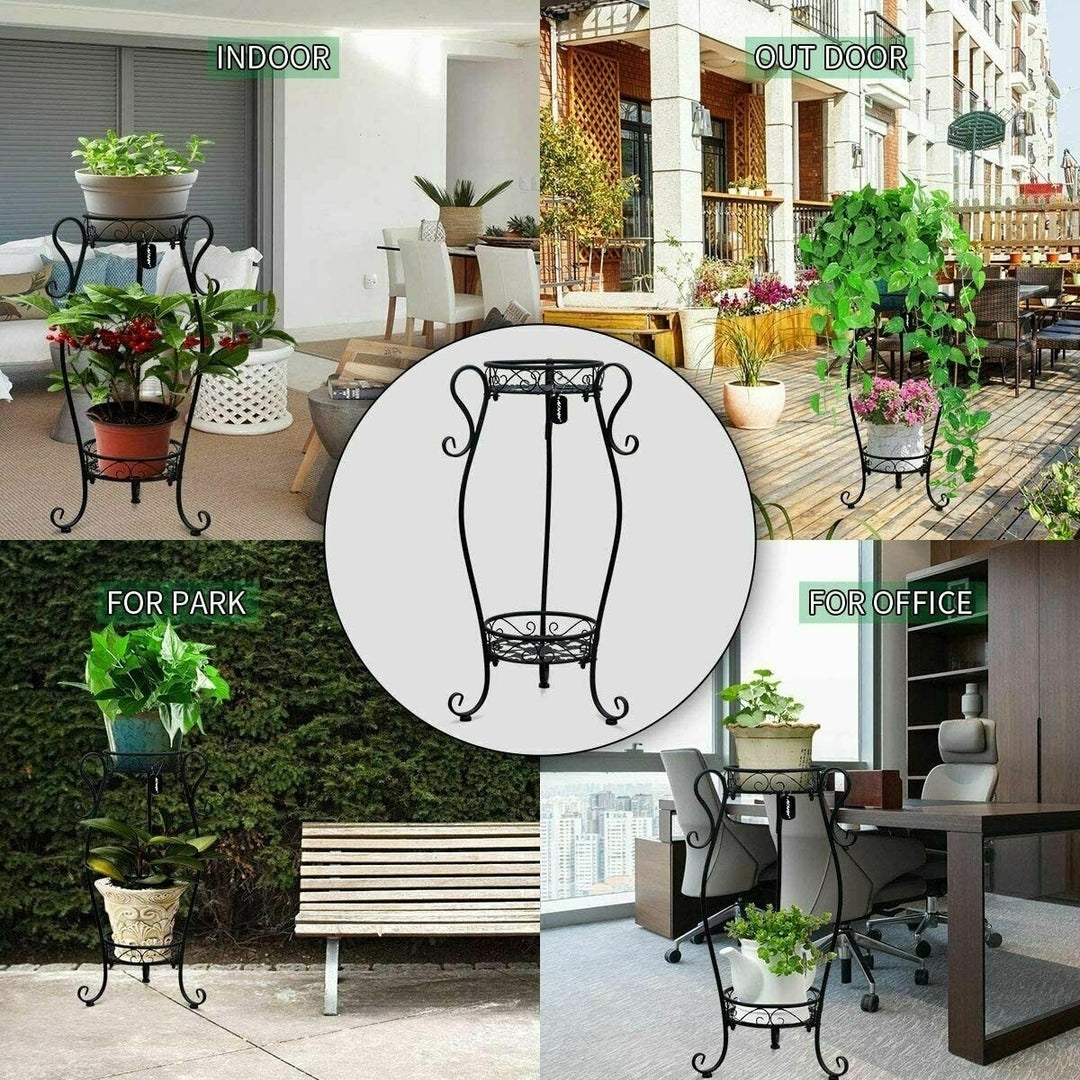 Metal Flower Pot Holder 2 TIER Plant Stand Shelves Display Indoor Outdoor Garden Image 2