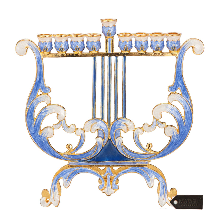 Matashi Hand Painted Blue and Ivory Harp Menorah Candelabra, w/ Gold Accents and Crystals Jewish Holiday Gift Image 1