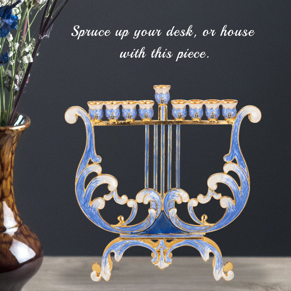 Matashi Hand Painted Blue and Ivory Harp Menorah Candelabra, w/ Gold Accents and Crystals Jewish Holiday Gift Image 2