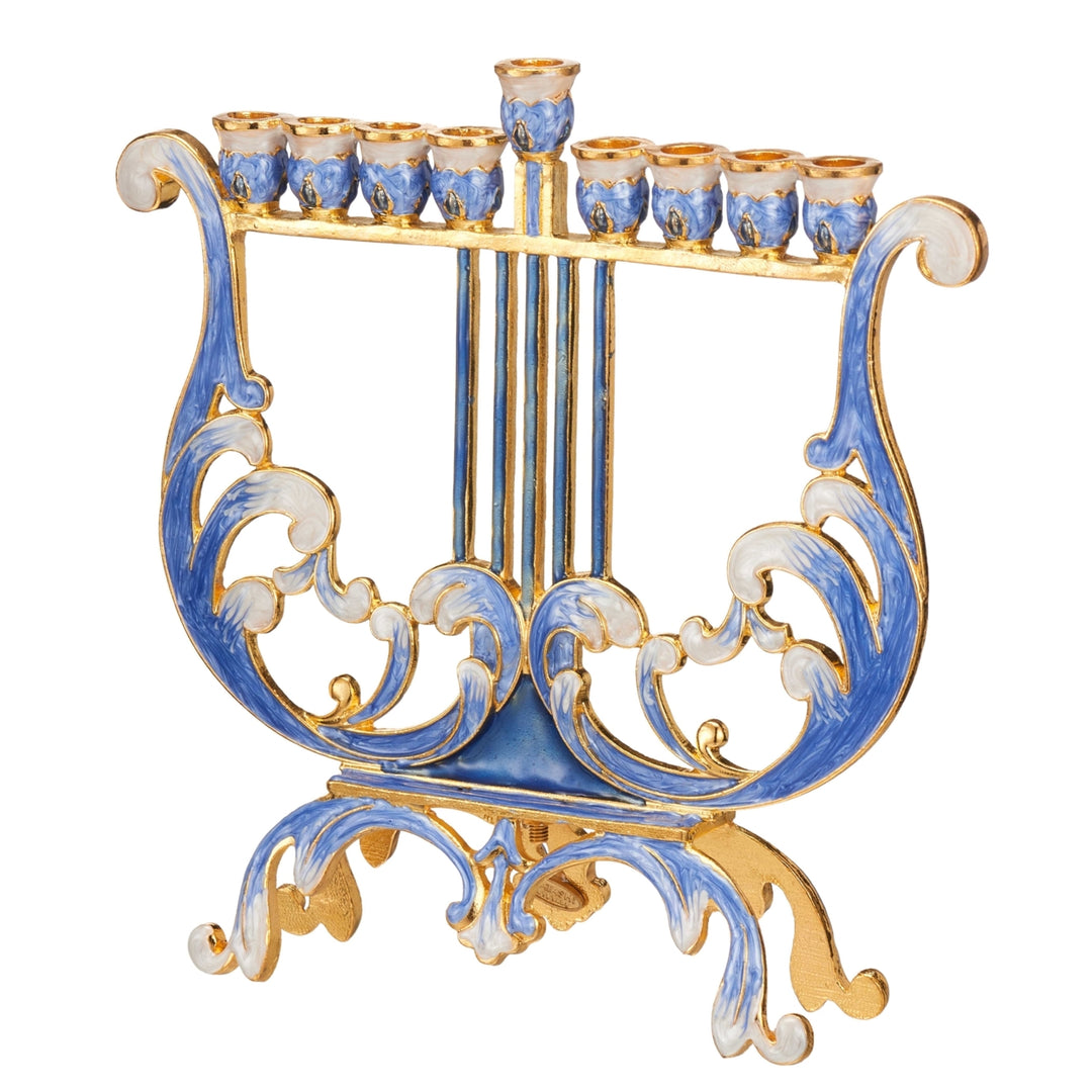 Matashi Hand Painted Blue and Ivory Harp Menorah Candelabra, w/ Gold Accents and Crystals Jewish Holiday Gift Image 4